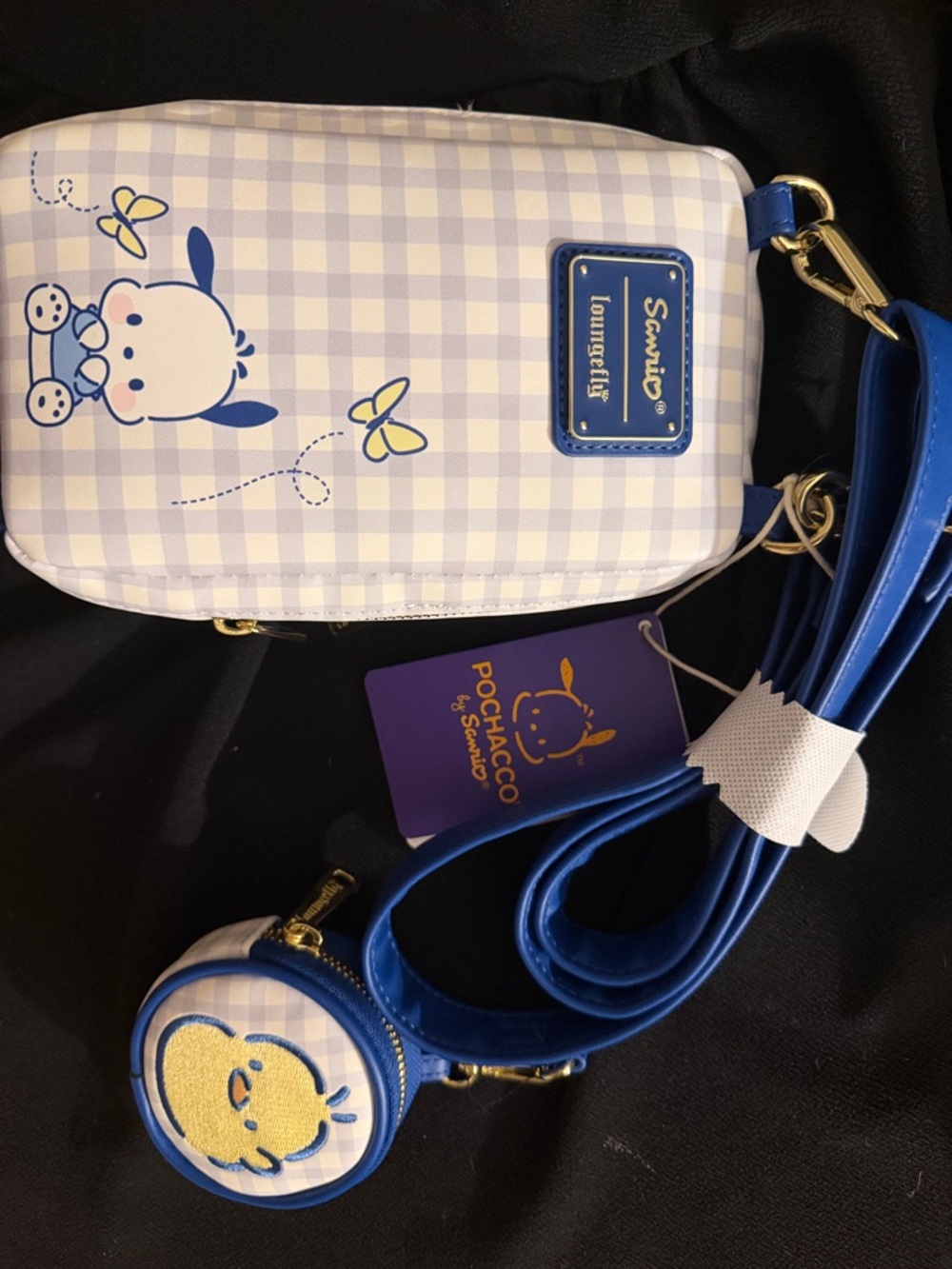 Loungefly Pochacco Blue and Cream Gingham Crossbody with Coin Pouch - Picture 5 of 5